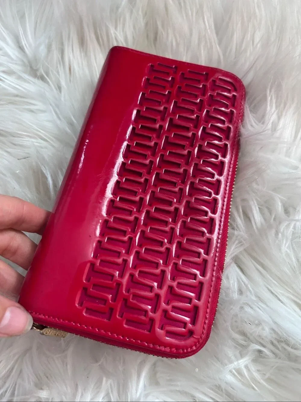 Tory Burch Red Patent Leather Gold Color Zipper Hardware Wallet